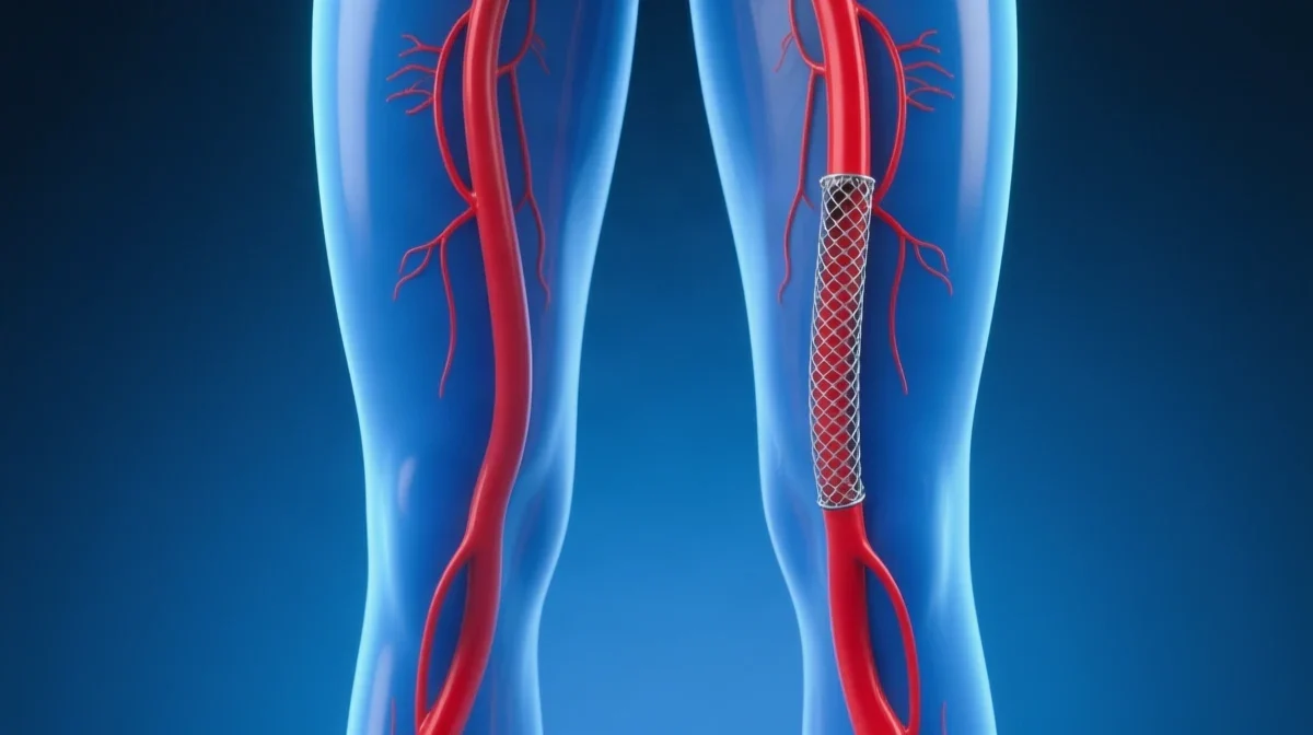 Η μηριαία αρτηρία ανοιχτή με stent, με το αίμα να ρέει ξανά προς το κάτω άκρο